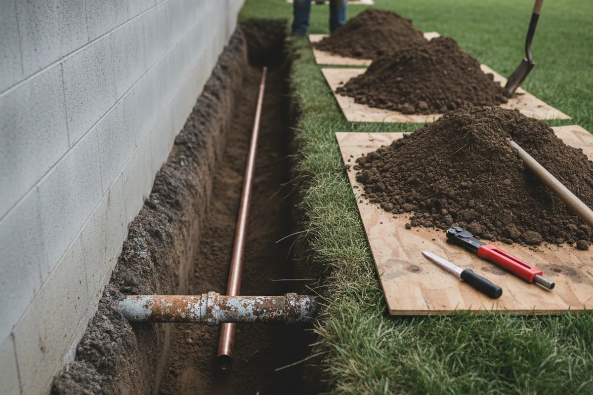Excavated water line trench during Water Softener Installation in Woodridge